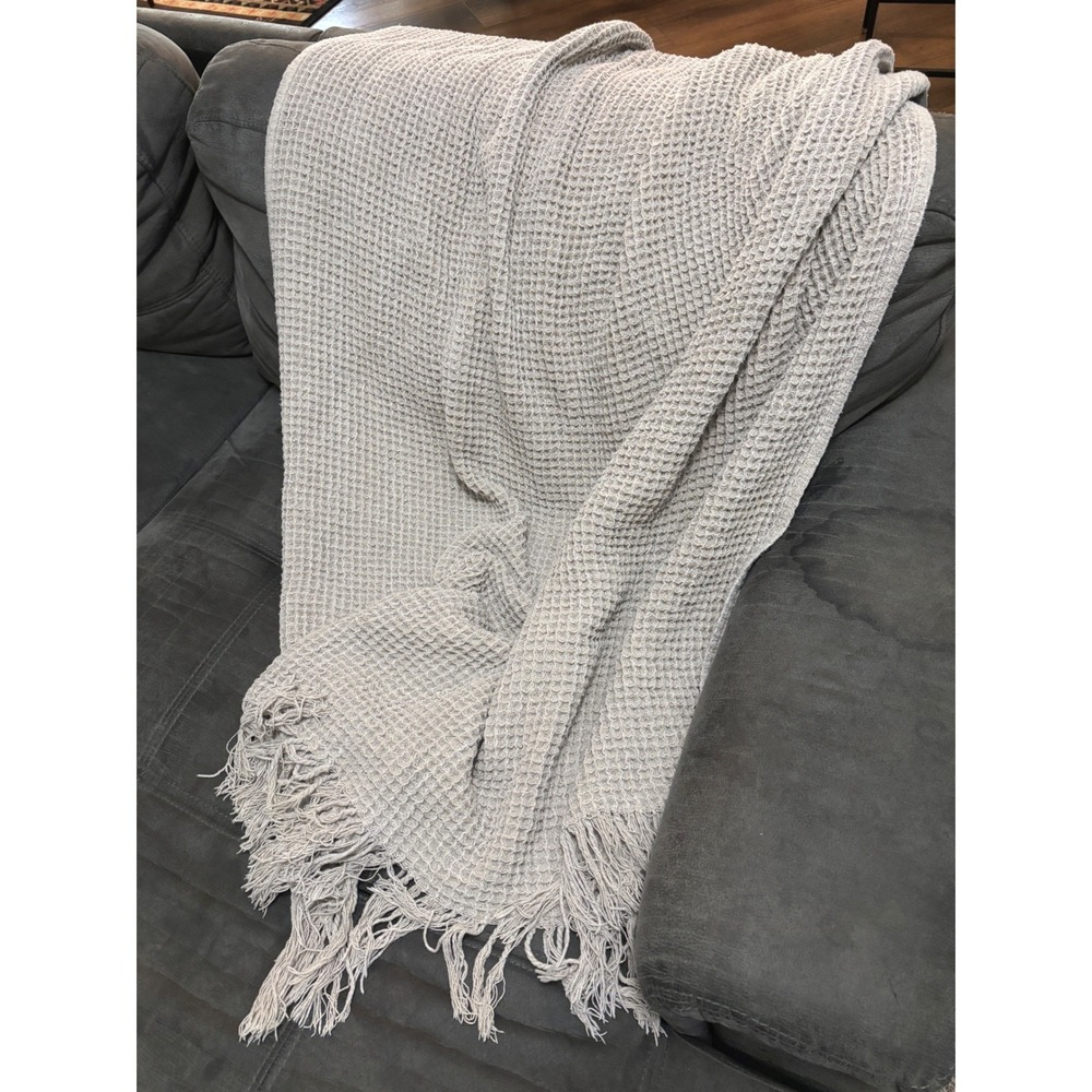 Roca Home Waffle Weave Throw Blanket Gray Beige Cotton Blend Fringe Portugal